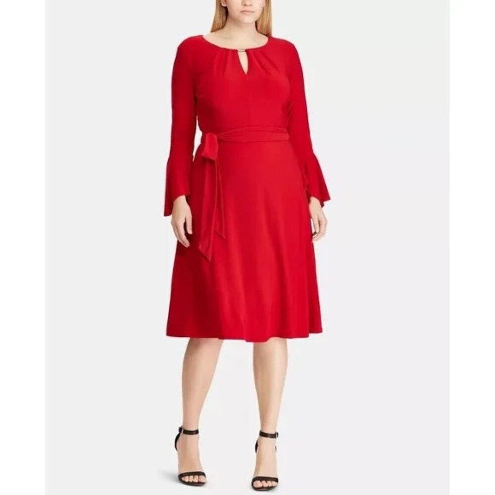 NWT Womens Plus Size 16W Red Ralph Lauren Keyhole Bell-Sleeve Knee-Length Dress